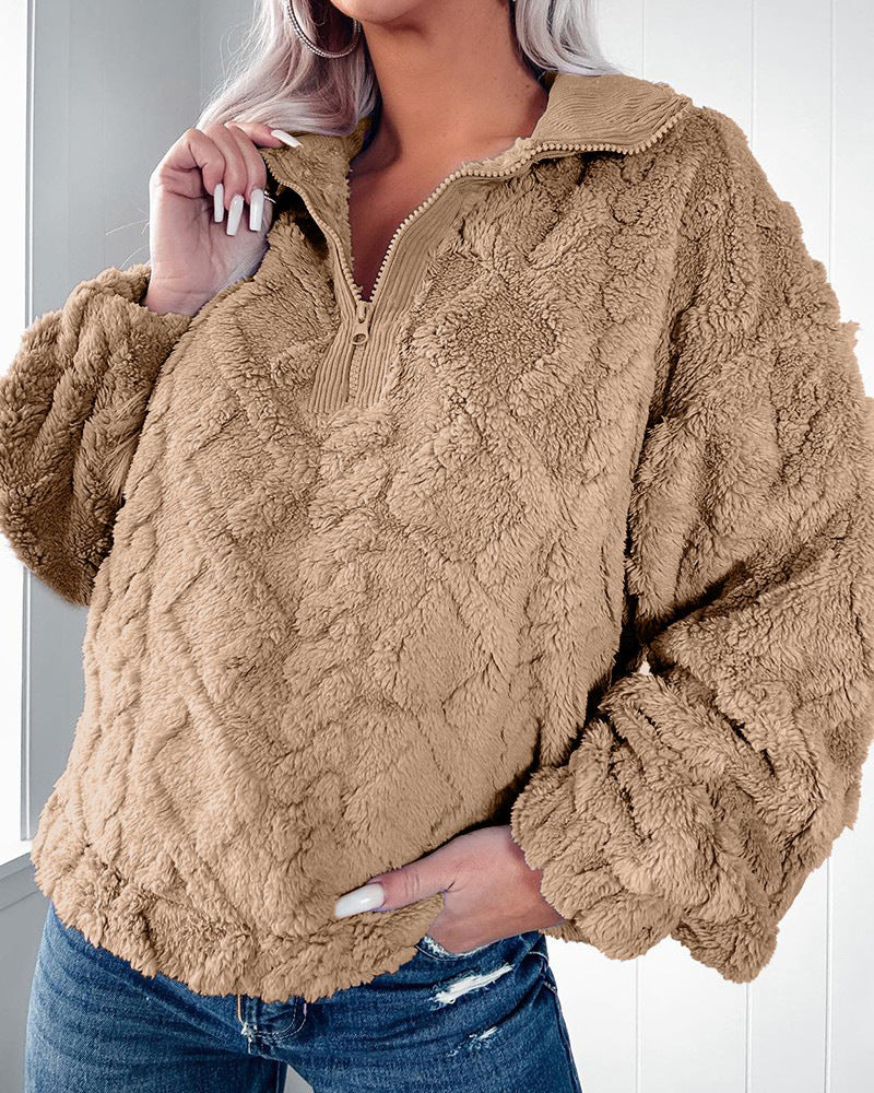 Enkel ensfarvet fleece-sweatshirt med lynlås og opretstående krave