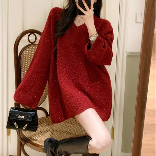 New Year Idle Style Burgundy V-neck Sweater Knitted Coat