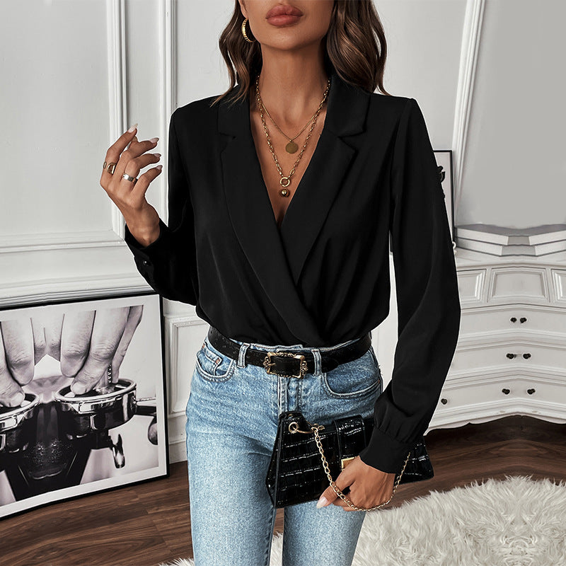Long Sleeve Black Turn-down Collar Jumpsuit
