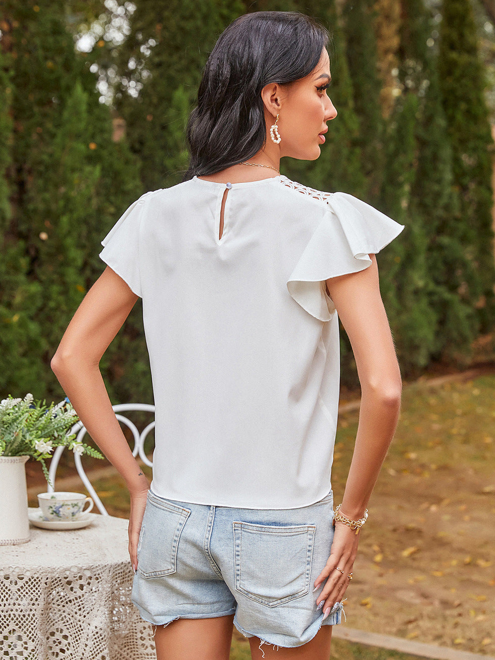 New Women's Cut Flower Bandage Solid Color Round Neck T-shirt Top