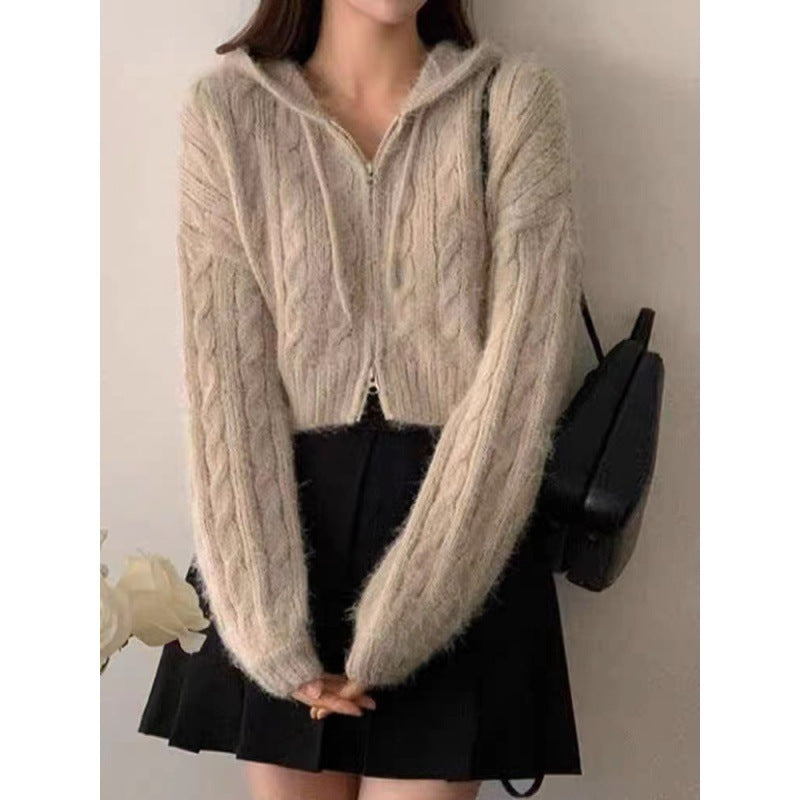 Soft Glutinous Niche Zipper Hooded Thickened Sweater