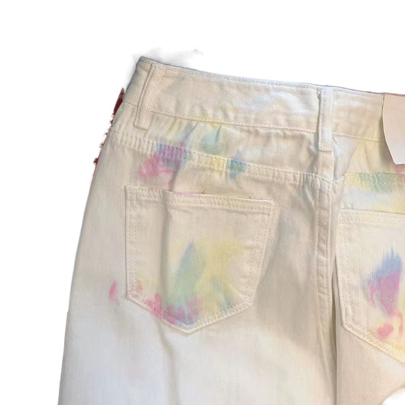 Retro Tie-dye Graffiti Straight High Waist Jeans For Women