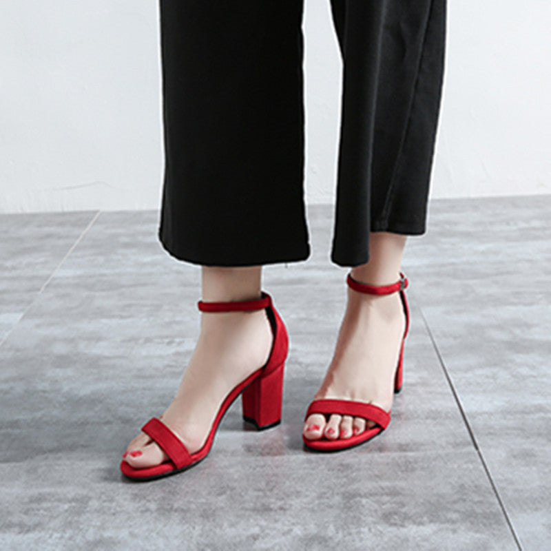 One Word Buckle High Heel Sandals Thick Heel Women