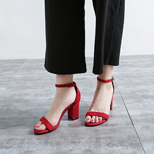 One Word Buckle High Heel Sandals Thick Heel Women