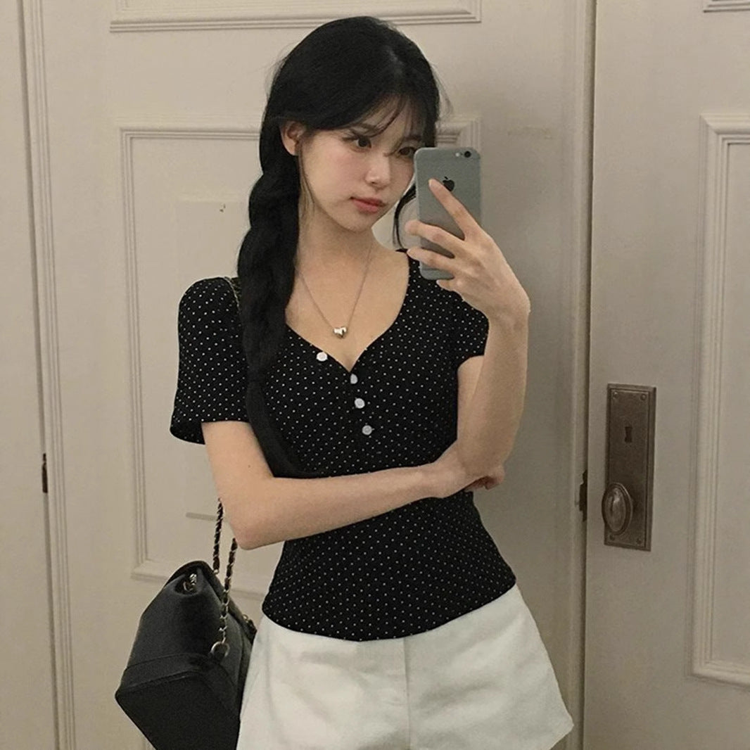 Polka Dot V-collar Contrast Color All-match Short Sleeve