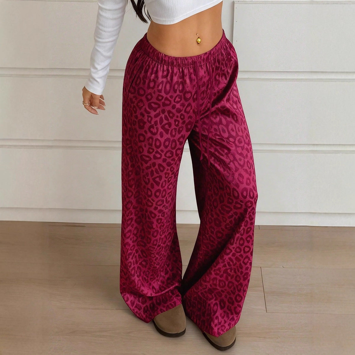 Drawstring Leopard Print Mop Wide Leg Pants