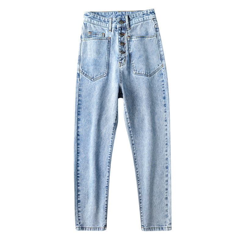 Damejeans med høj talje, lige ben og løs pasform