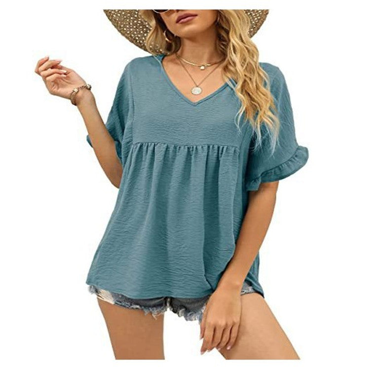 Summer Casual Ruffled Pleated T-shirt Loose Top