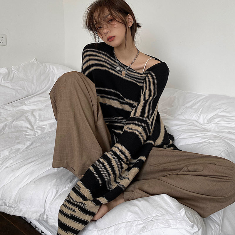 Dovne Strikvarer Tynd Dame Løs Stribet Sweater med Rund Hals