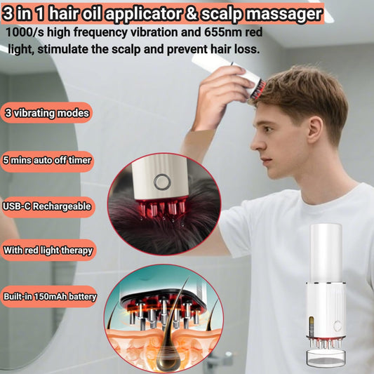 Zilynhom hårbottenmassageborste, anti-håravfall oljedispenser med vibrationer, 70 ml flaska, USB, gåva för kvinnor och män, hårolja applikator för minoxidil-hårväxtsserum, huvudmassageolja, rotkam
