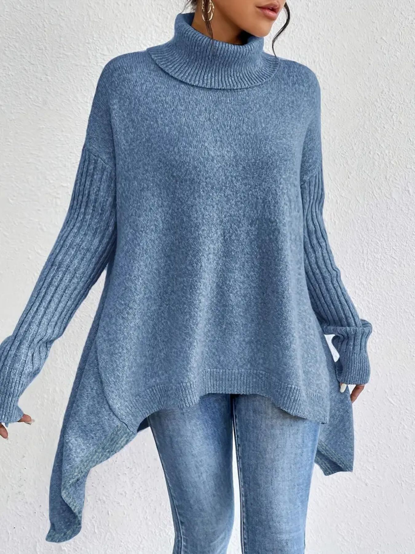 Uregelmæssig rullekrave-sweater Vinter løs langærmet striktoppe Fritids varm pullover-sweater Dametøj