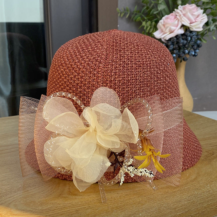 Women's Fashion Big Net Flower Knit Breathable Sun-shade Beach Hat