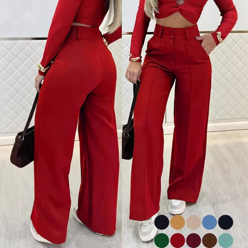 Essential Minimalist Wide-leg Pants With Double-breasted Buttons For The Office
