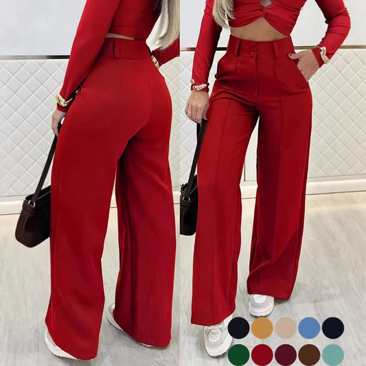 Essential Minimalist Wide-leg Pants With Double-breasted Buttons For The Office