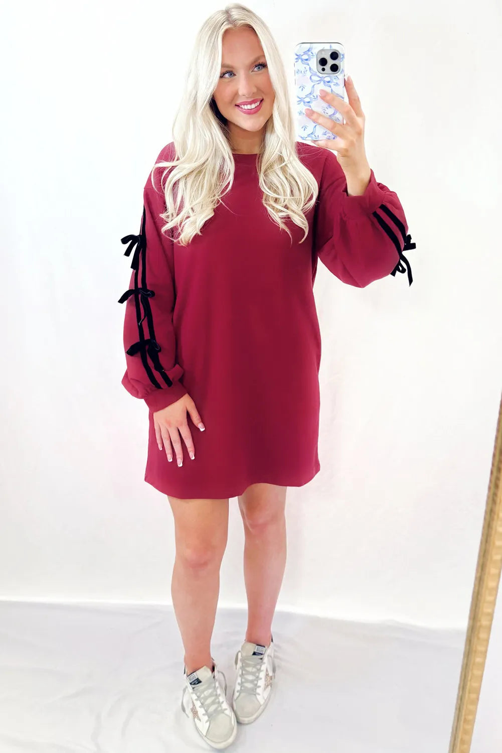 Racing Red Contrast Color Striped Bow Decoration Drop Shoulder Sweater