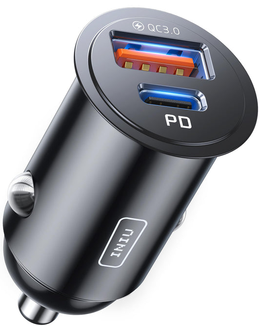 INIU 60W Billaddare [USB C + USB A], PD & QC 3.0 Snabbladdning USB-Adapter, Typ-C Cigarettändare med blå LED-Lampa, Billaddningsadapter för iPhone 16 15 14 13 12 iPad Samsung S24 S23 S22 AirPods Pixel