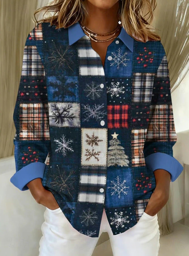 Womens Plaid Loose-Fit Retro Long-Sleeve Shirt Top