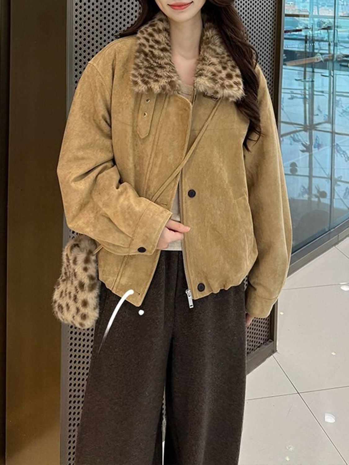 Fur-trimmed Oversized Lapel Design Fleece-lined Thickened Coat