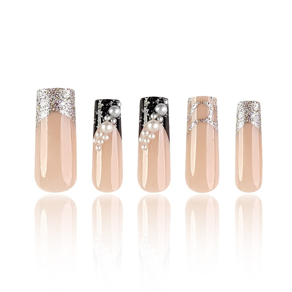Super Long Pearl Glitter Black Silver French Manicure