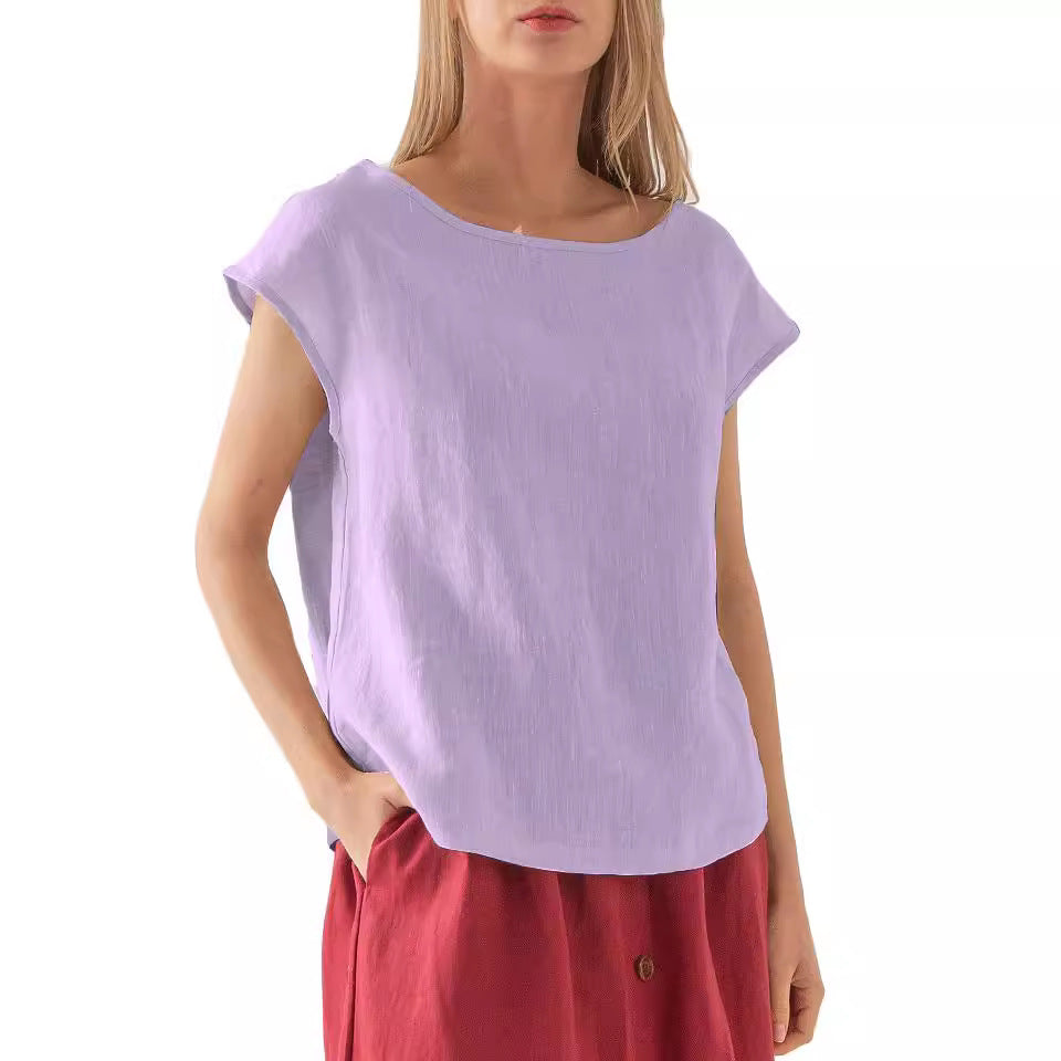 European And American New Linen Casual Loose Short Sleeves T-shirt Solid Color Round Neck Top