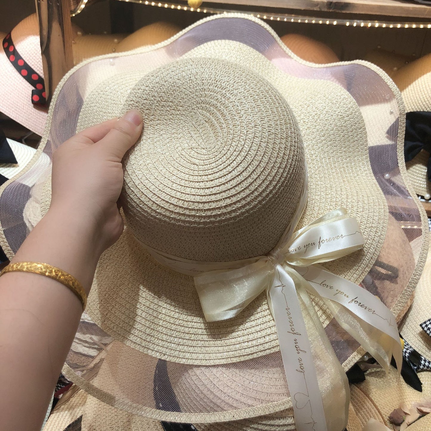 Women's Korean Version Letter Bow Streamer Romantic Mesh Sun Hat