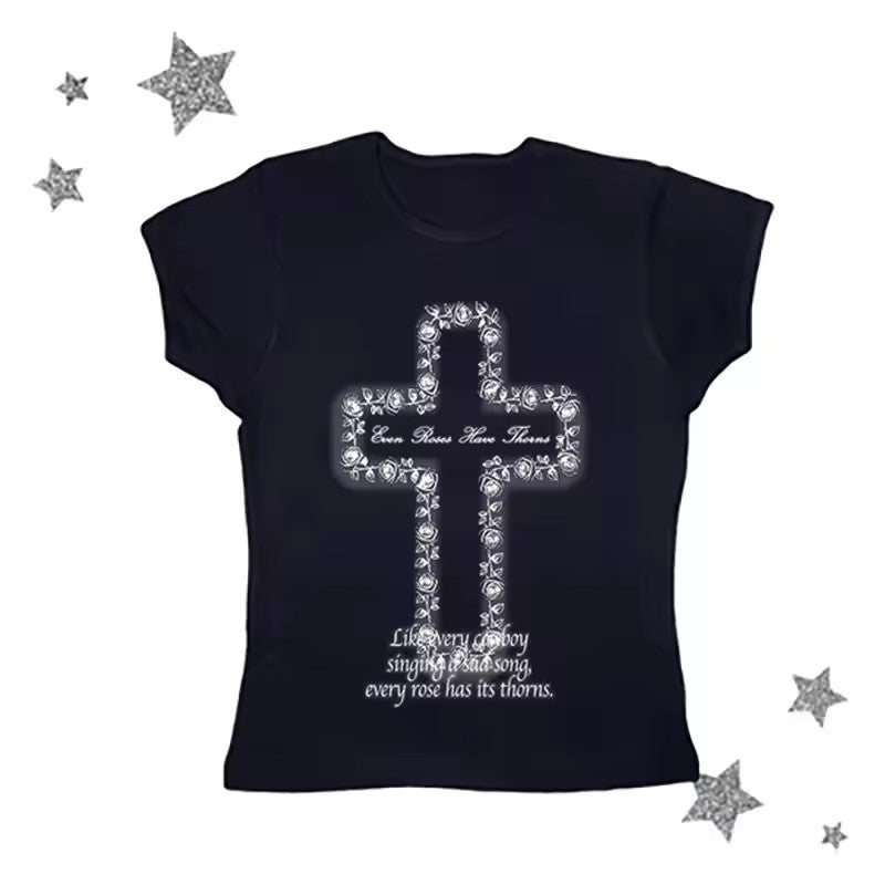 Cross-printed Color-block Crew-neck T-shirt With Short Sleeves