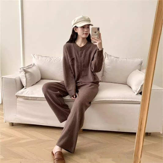 Knitting Suit Women's Loose Round Neck Cardigan Sweater Wide Leg Pants All-matching
