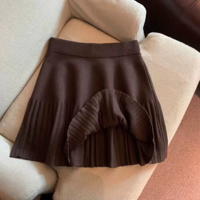 Womens Stretchy High-Waist Pleated Skirt Slim-Fit Outerwear Knitted Base Skirt