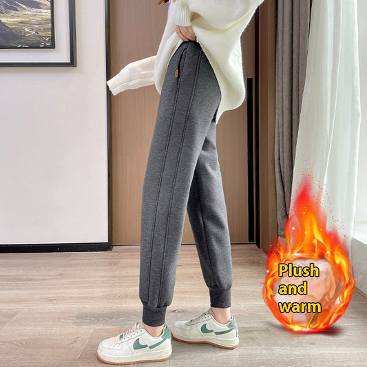 Winter New Fleece-lined Thickened High Waist Ankle-tied Harem Pants