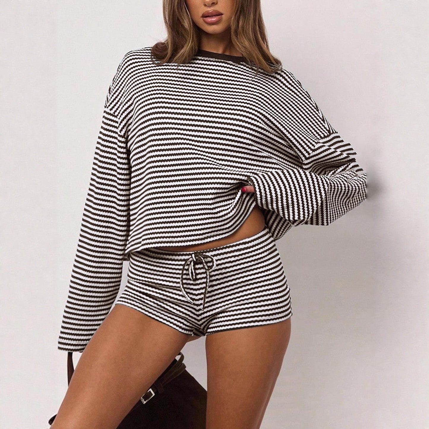 Casual Sporty Loose-fitting Striped Long-sleeve Top And Drawstring Shorts