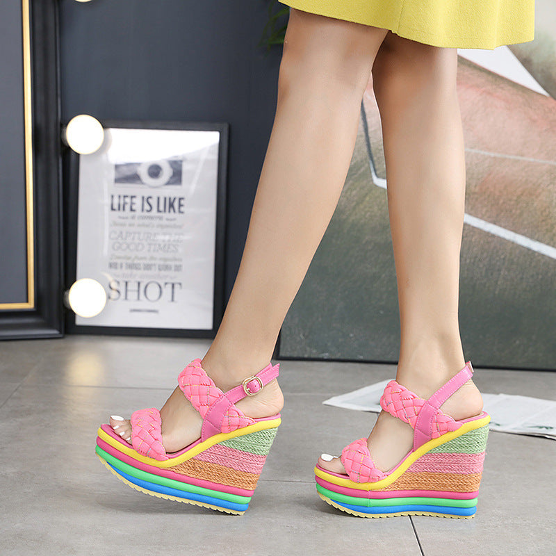 Super High Heel Sandals Rainbow Straw Muffin Candy Color