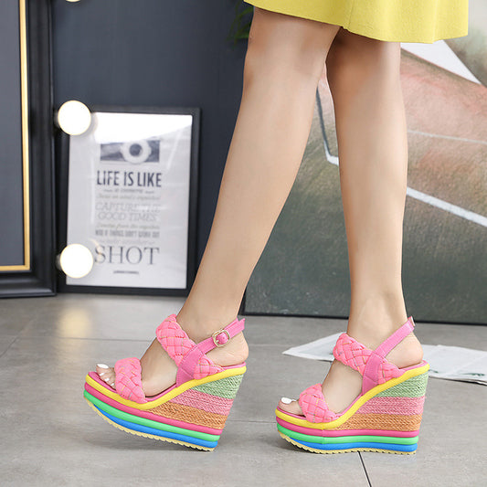 Super High Heel Sandals Rainbow Straw Muffin Candy Color