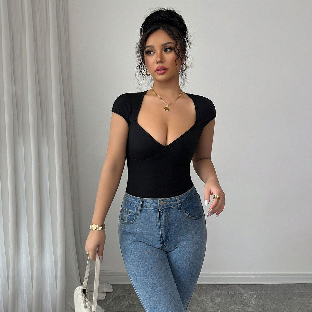Simple Sexy V-neck T-shirt With Backless Design Short Slim-fit Top