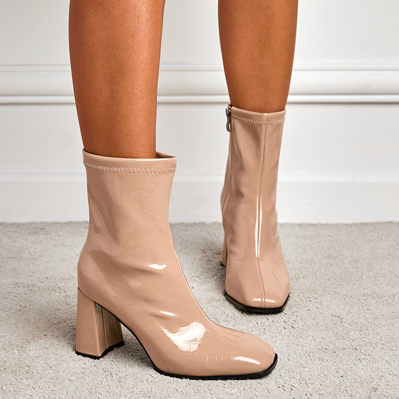 Women's Square Toe Chunky Heel High Heel Side Zipper Stone Pattern Ankle Boots