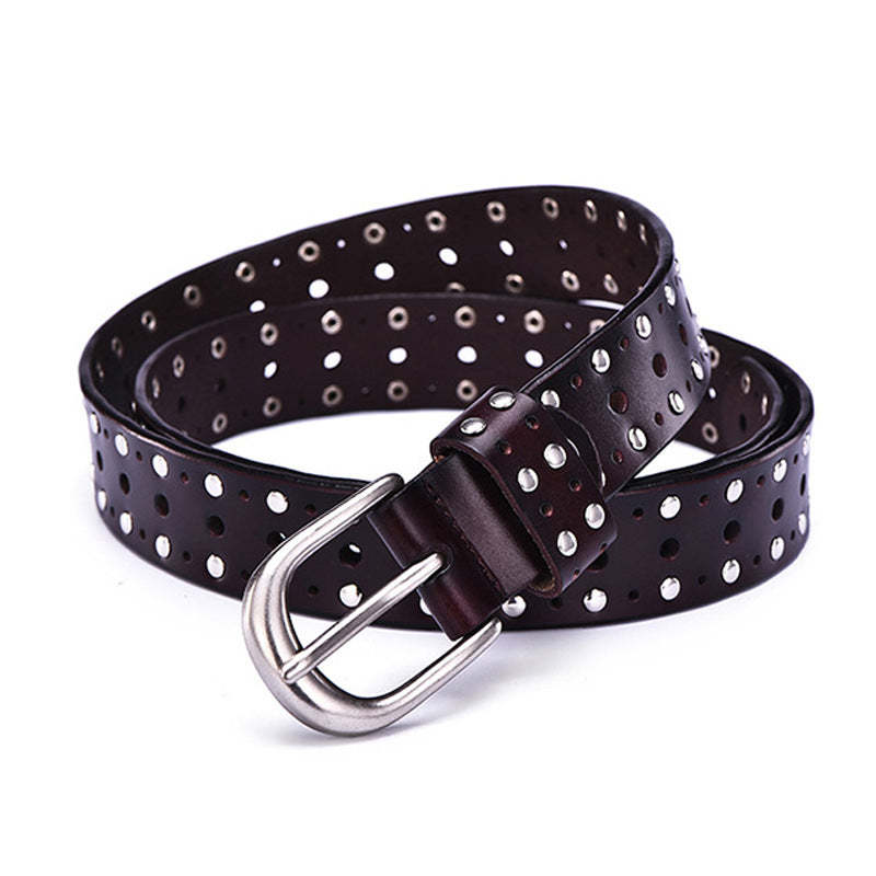 Women's Real Cowhide Trousers Belt With Punk Rivets European And American Style