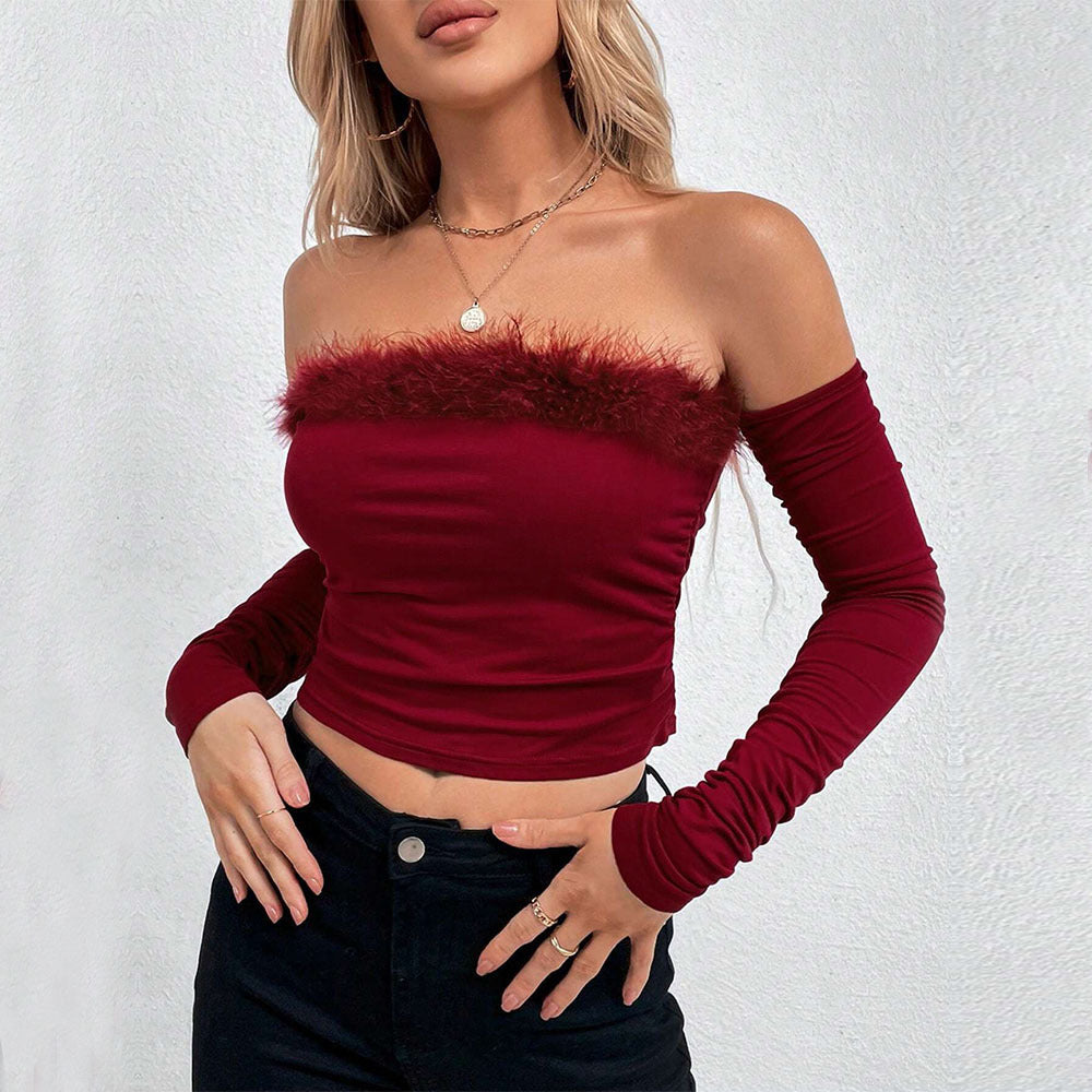 Feminine One-shoulder Fur Collar Top