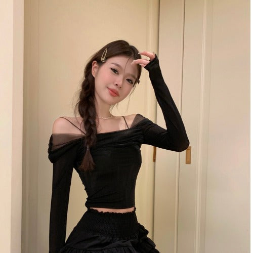 French Mesh Off-shoulder Long Sleeve Top