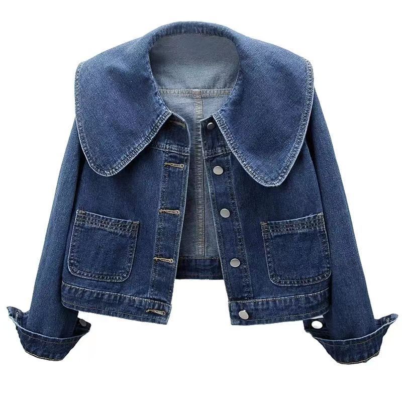Retro Peter Pan Collar Short Denim Coat For Women