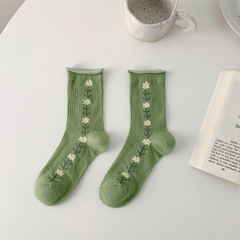 Thin Hollow Mesh Rolled Edge Women's Socks With Small Flowers