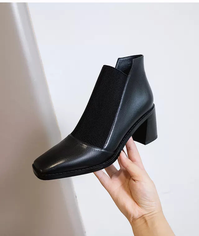 Chunky Heel Short Boots Simple Elastic Mid-heel