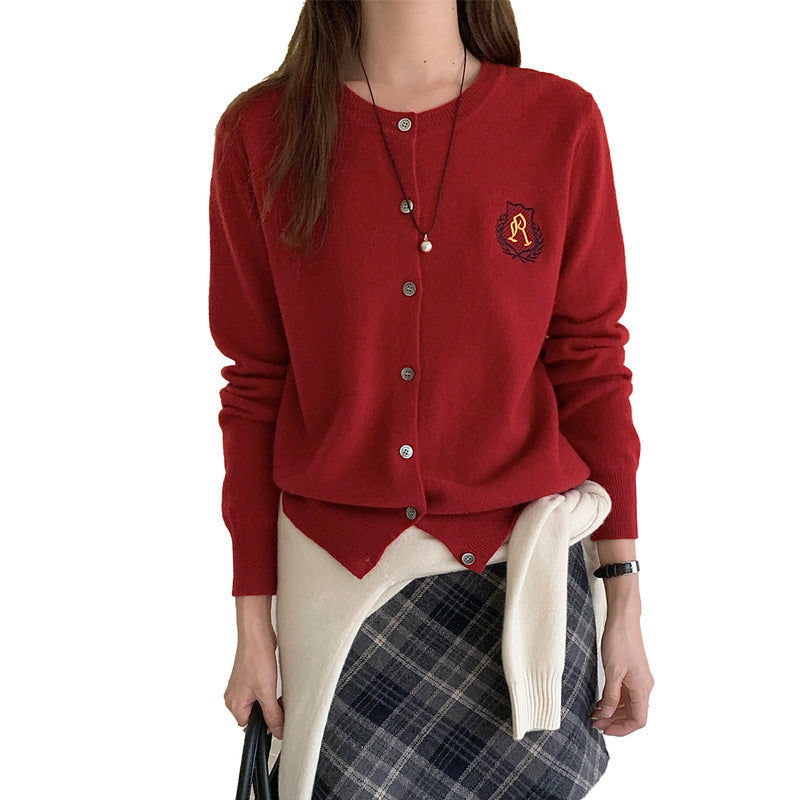 Women's Embroidered Knitted Cardigan O-neck Short Sweater