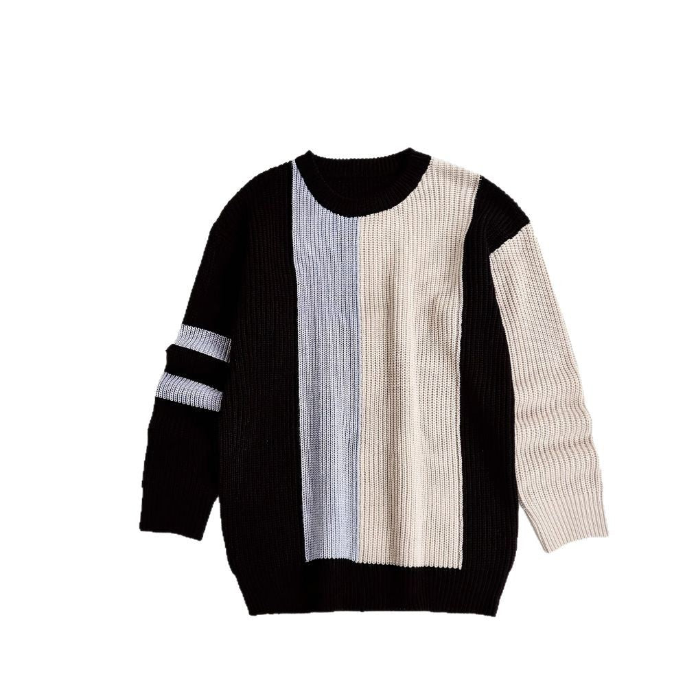 Contrast Color Fashion All-match College Style Round Neck Pullover Men's Sweater