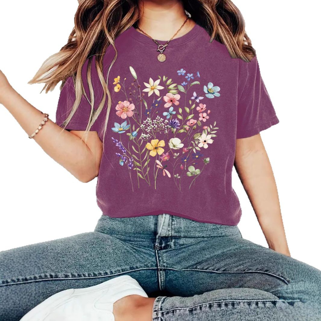 Elegant T-shirt With Floral Print, Women's Short-sleeve
