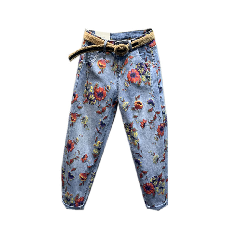 Harem Fashion Loose And Thin Flower Print Casual Jeans Baggy Trend