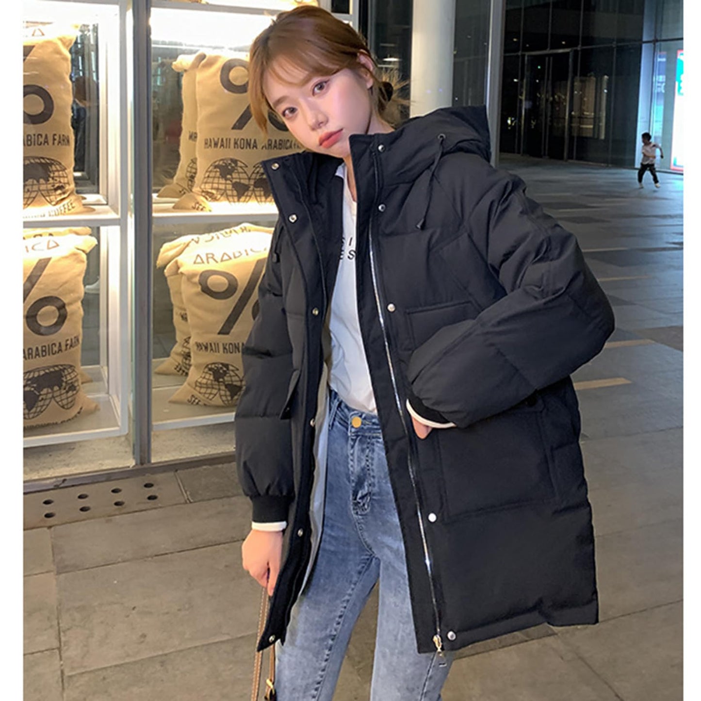 Oversize Vinterjacka Dam Dunjacka I Bomull Casual Hooded Puffer Kvinna Lång Varm Bomullsvadderad Jacka Blixtlås Ytterkläder