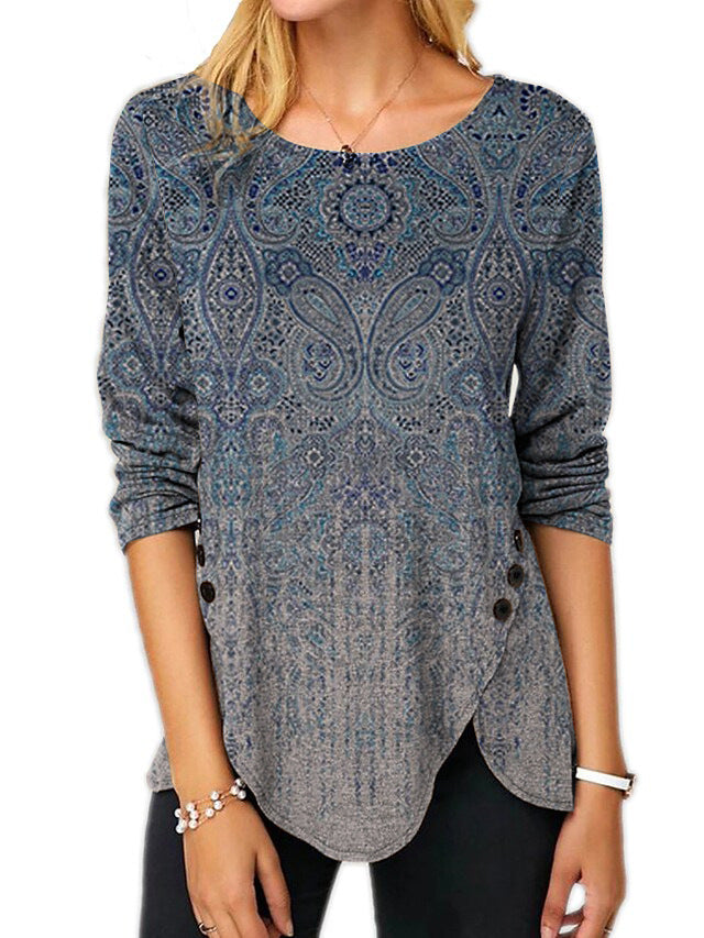 Digital Retro Printed Button Irregular Hem Round Neck Long Sleeve 3D