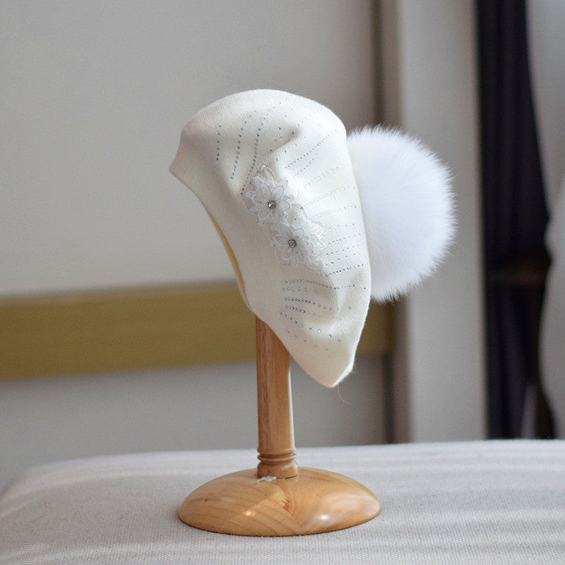 New Wool Double-layer Rhinestone Flower Knitted Beret Women's