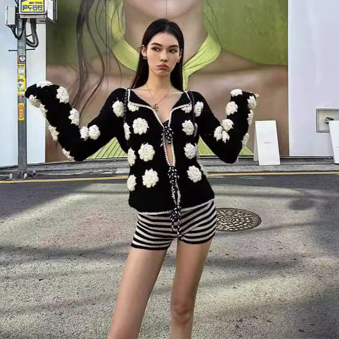 Women's French-style High-grade Heavy-duty Three-dimensional Crocheted Knitted Cardigan