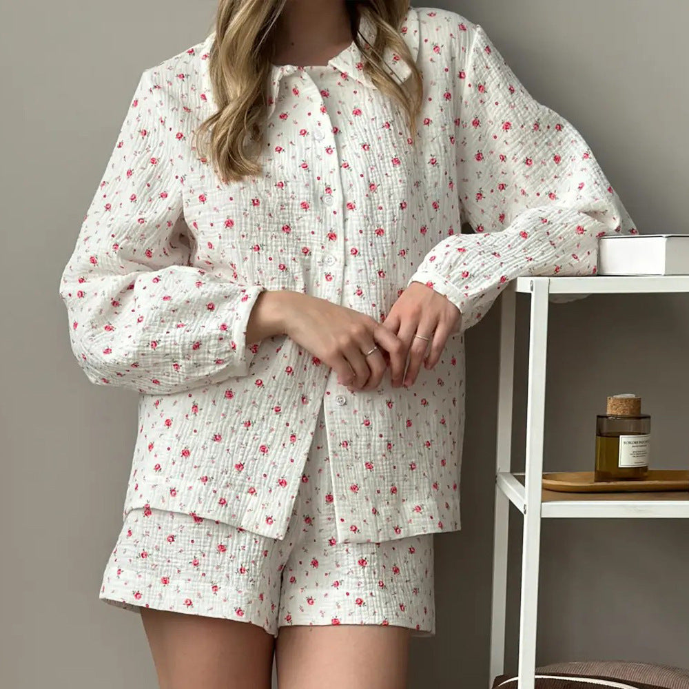 Womens Cotton Printed Long-Sleeve Top And Shorts Set