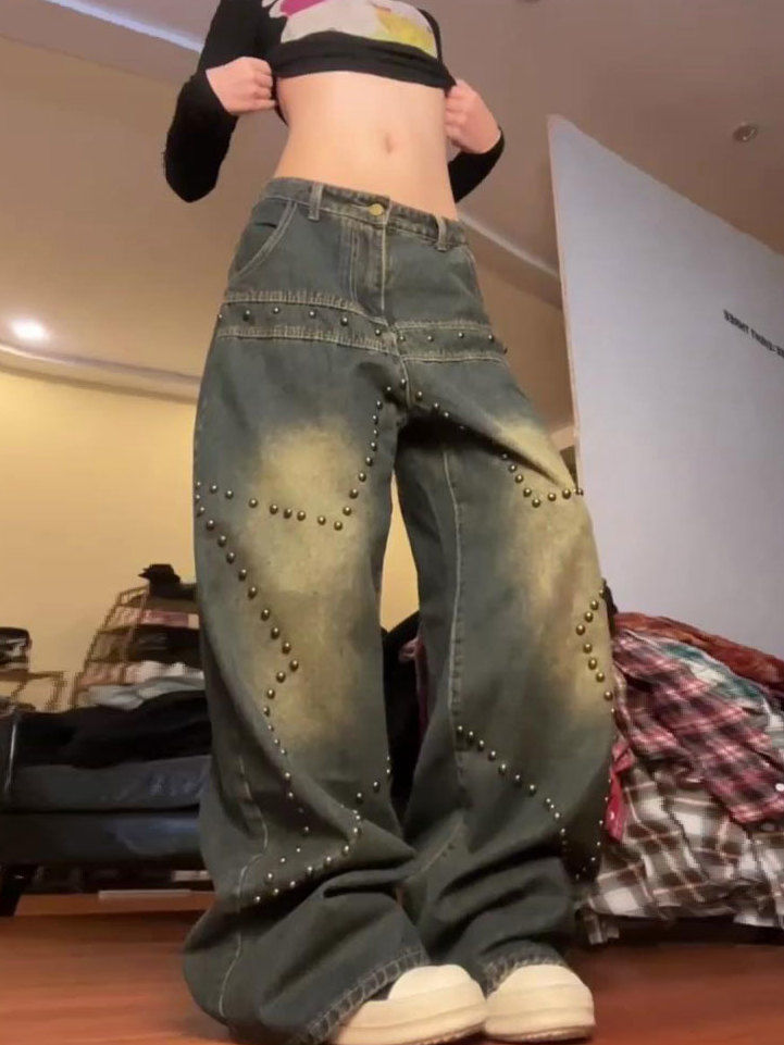 Plus Size Amerikanske Retro Vaskede Nittejeans med Stjerner